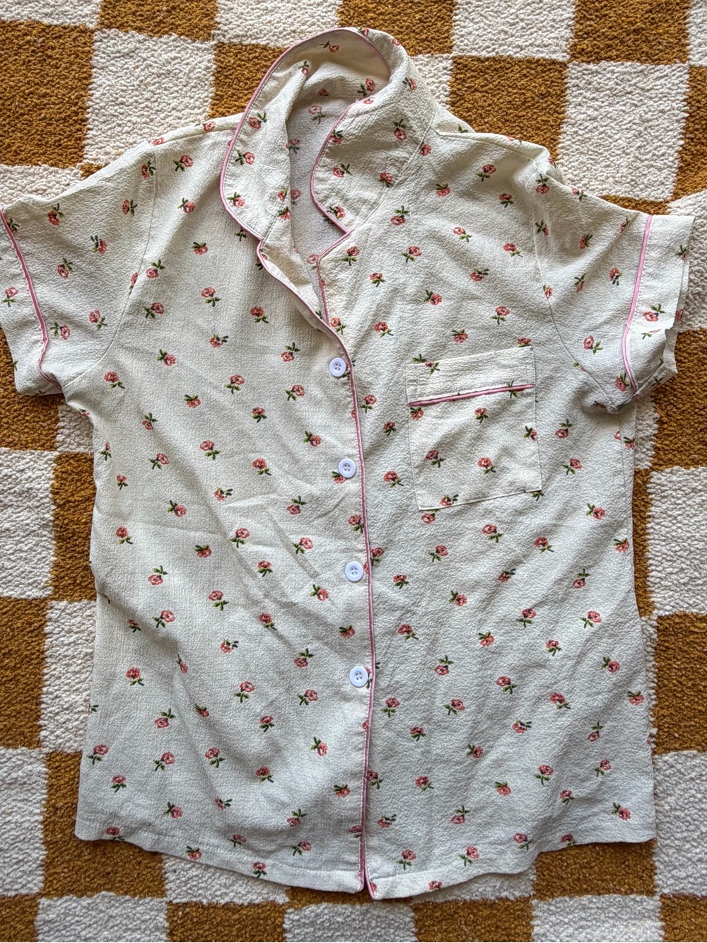 Floral Button-Down Short Sleeve Top in Cream with Pink Rose Print